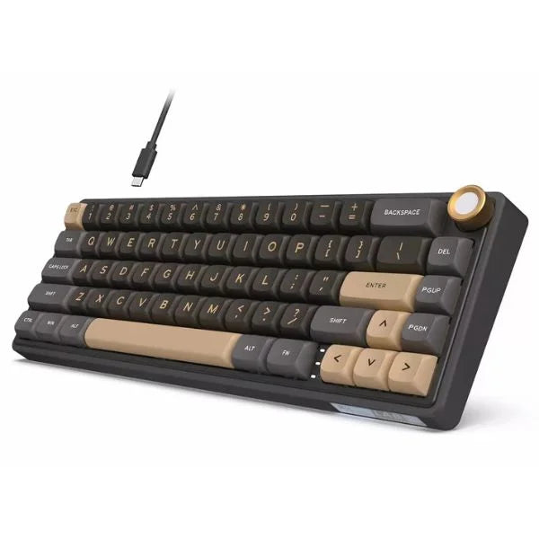 Mechanical keyboard with beige and gray keys on a white background
