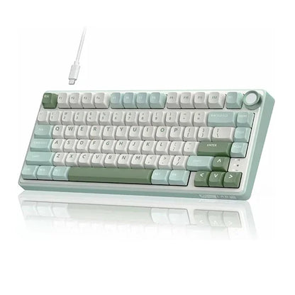 Mechanical keyboard with a pastel color scheme on a white background